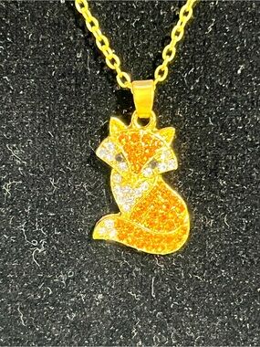 Gold-Tone Fox Pendant Necklace with Orange Rhinestones